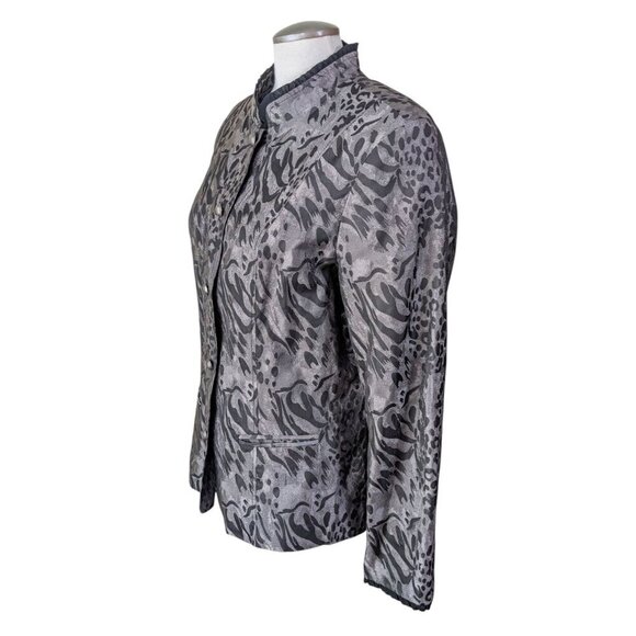 Coldwater Creek Womens Jacket L Metallic Gray Black Animal Print Ruffle Trim - Picture 3 of 6